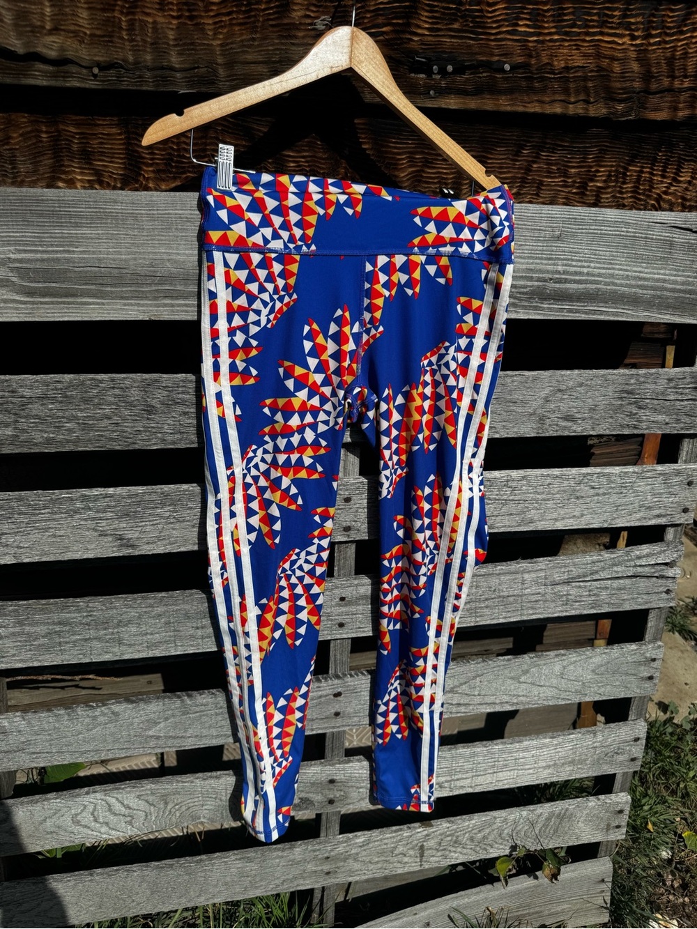 adidas Blue Geometric Print Leggings with Red & White Accents